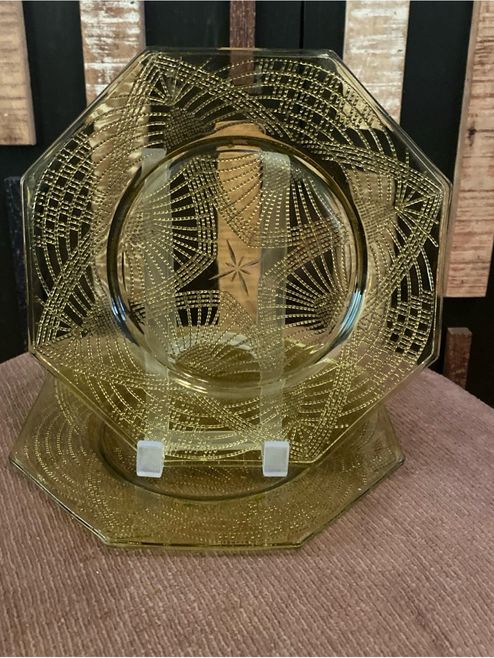 Set Of 2 L.E Smith Romanesque Amber Glass Octagon Salad Plates Art Deco Vintage